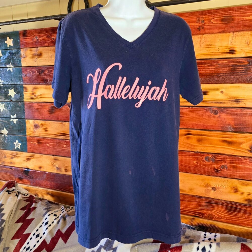 Bella Canvas Faded Navy Hallelujah V-Neck Graphic Tee Distressed Grunge M